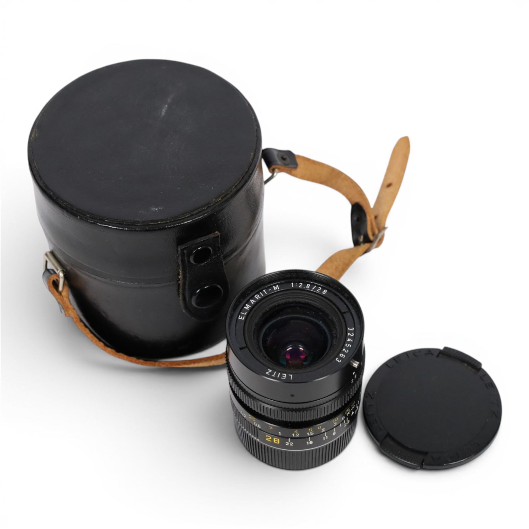 Leitz Elmarit-M 1:2.8 f=28mm lens, serial no. 3245263, in a leatherette case