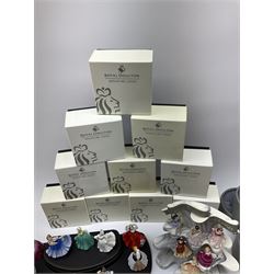 Six Royal Doulton Pretty Ladies figures, comprising Rebecca, Belle, Deborah, Jennifer, Jessica, and Lauren, with display stand, together with ten Royal Daulton Miniature Ladies figures, Ninette, Christine, Rachel, Elizabeth, Margret, Karen, Elaine, Victoria, Jane, and Susan, with display stand, all with boxes. 