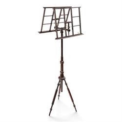 19th century Wheeldon patent telescopic music duet stand, the double adjustable rests over...