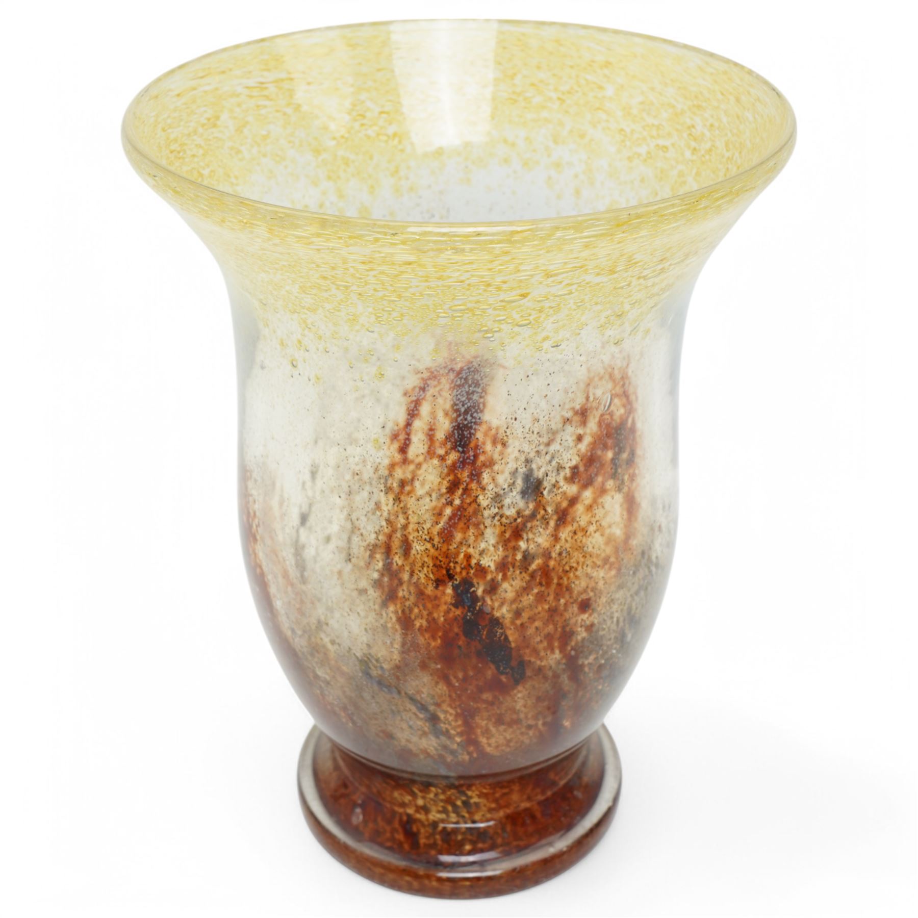 Large 1930s WMF Ikora glass vase designed by Karl Weidmann, of tulip form in shades of brown and yellow, unmarked, H29.5cm 