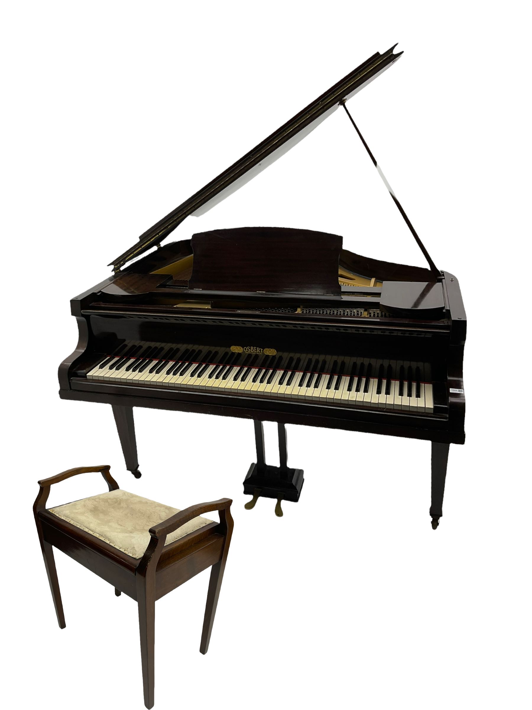A mid 20th century English baby grand piano by Osbert, with an iron frame and overstrung stringing in a mahogany case,  conforming Lyre with sustain and una corda pedals and music desk, with original stringing, hammer action, dampers and felts, 7-1/4 octaves with 88 original ebony and ivory covered keys, with stool