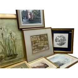 G Sergeant: The Shambles - York, watercolour signed; John E Parkin: Robin Hood's Bay, watercolour; 19th century landscape watercolour, and further prints (qty)