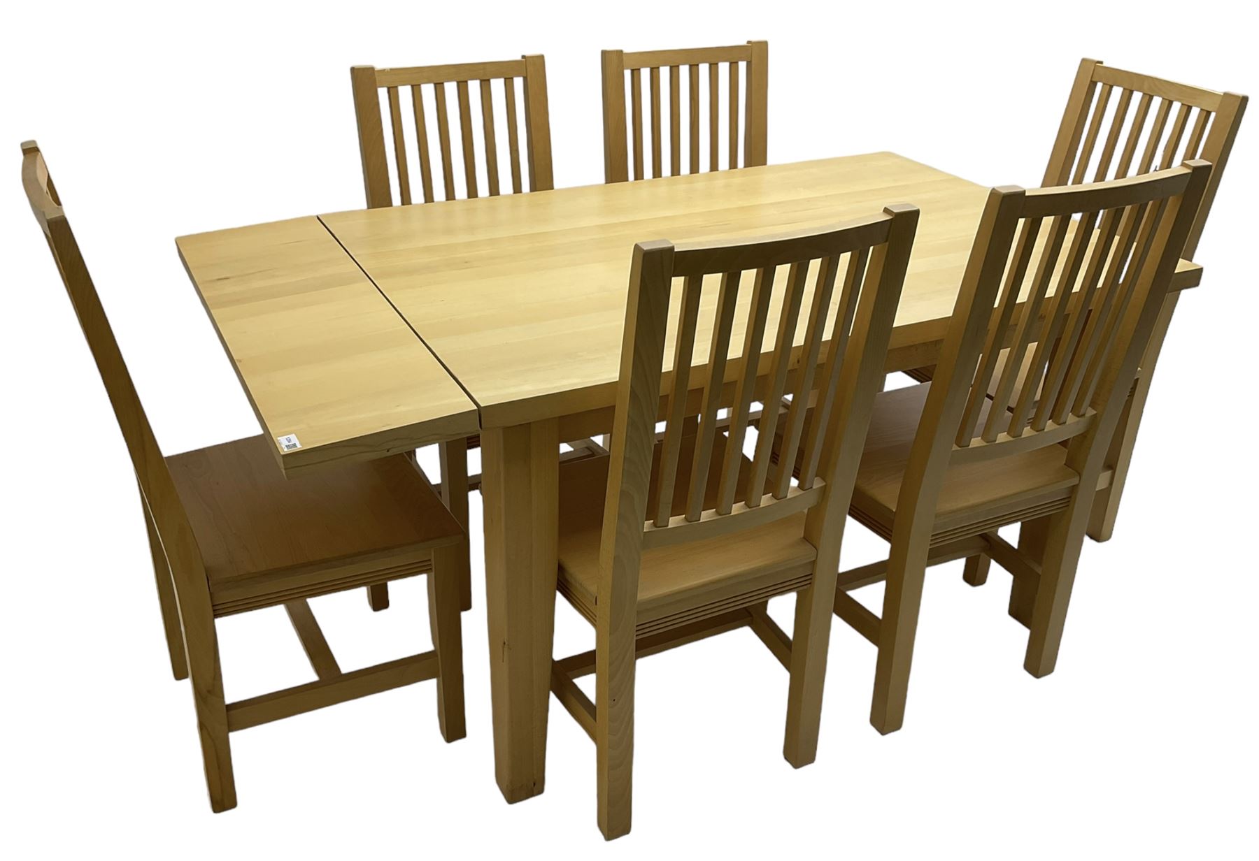 Solid beech rectangular dining table (89cm x 135cm - 160cm, H77cm); together with a set of five beech dining chairs