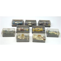 Scalextric - five slot-racing models comprising C281 Red Motorcycle Combination, C134 Elf Renault RS-01, C137 Ligier  JS11, C129 march Ford 240 and C121 Elf Tyrrell, all in perspex boxes; and four other perspex boxed slot-racing models (9)