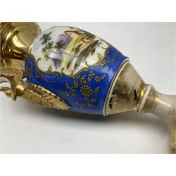 Devonport imari pattern comport set, comprising two tall comports and three low comports, together with twin handled pedestal ovoid vase, decorated with landscape with gilt swan handles, vase H25cm