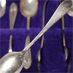 Set of  of six silver coffee spoons and tongs with bright cut decoration Sheffield 1908 Maker Cooper Bros. and another set of six coffee spoons with decorative terminals