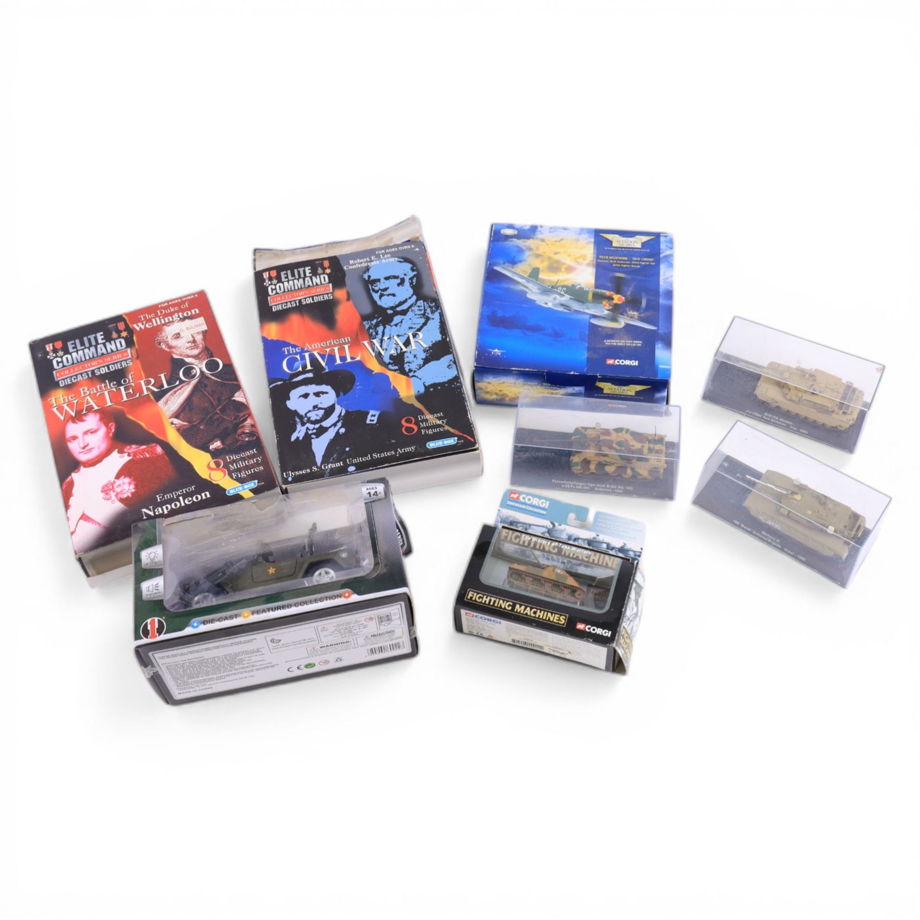 Elite Command Collectors Series diecast soldiers, inlcuding The American Civil War and Waterloo sets, Corgi Aviation Archive model and five model tanks including Corgi example, all boxed