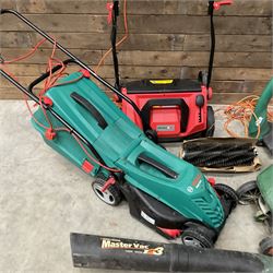 A Bosch Rotak 34R lawn mower, a Bergman Pro 3in1 Scarficer, Rake & Sweeper, a Black &Decker GS1800 chipper, a strimmer and a blower