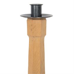 Mouseman - oak candlestick, with metal sconce, octagonal column, on a square base, carved with mouse signature, by the workshop of Robert Thompson, Kilburn, H31cm