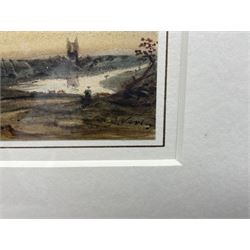 John Varley (British 1778-1842): 'Evening Landscape, with River, Church Tower and Figures', watercolour signed, titled on Albany Gallery label verso 8cm x 12cm 