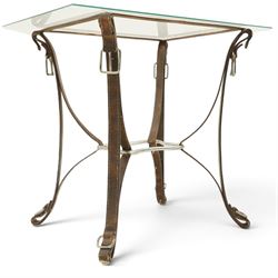 And So To Bed - 'Handel' side table with horse-tack style simulated leather wrought metal supports, rectangular glass top raised on shaped bridle-style supports united by shaped metal stretcher