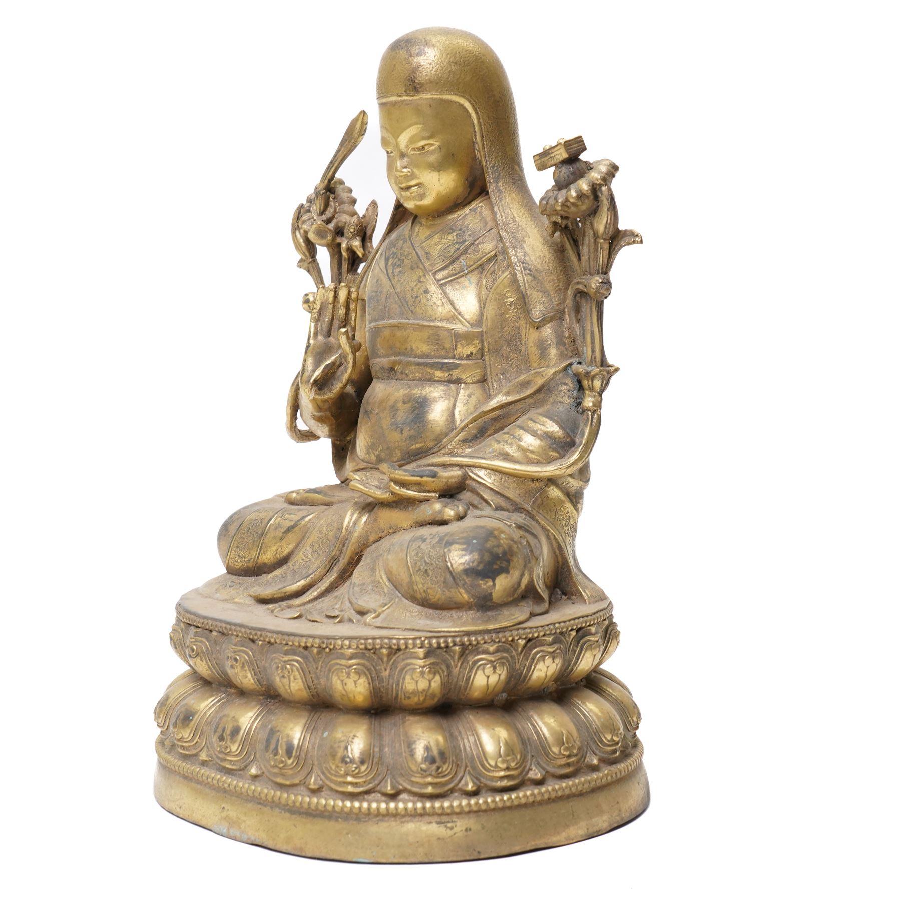 Tibeto-Chinese gilt bronze Buddha or Tsongkhapa figure, H24cm  