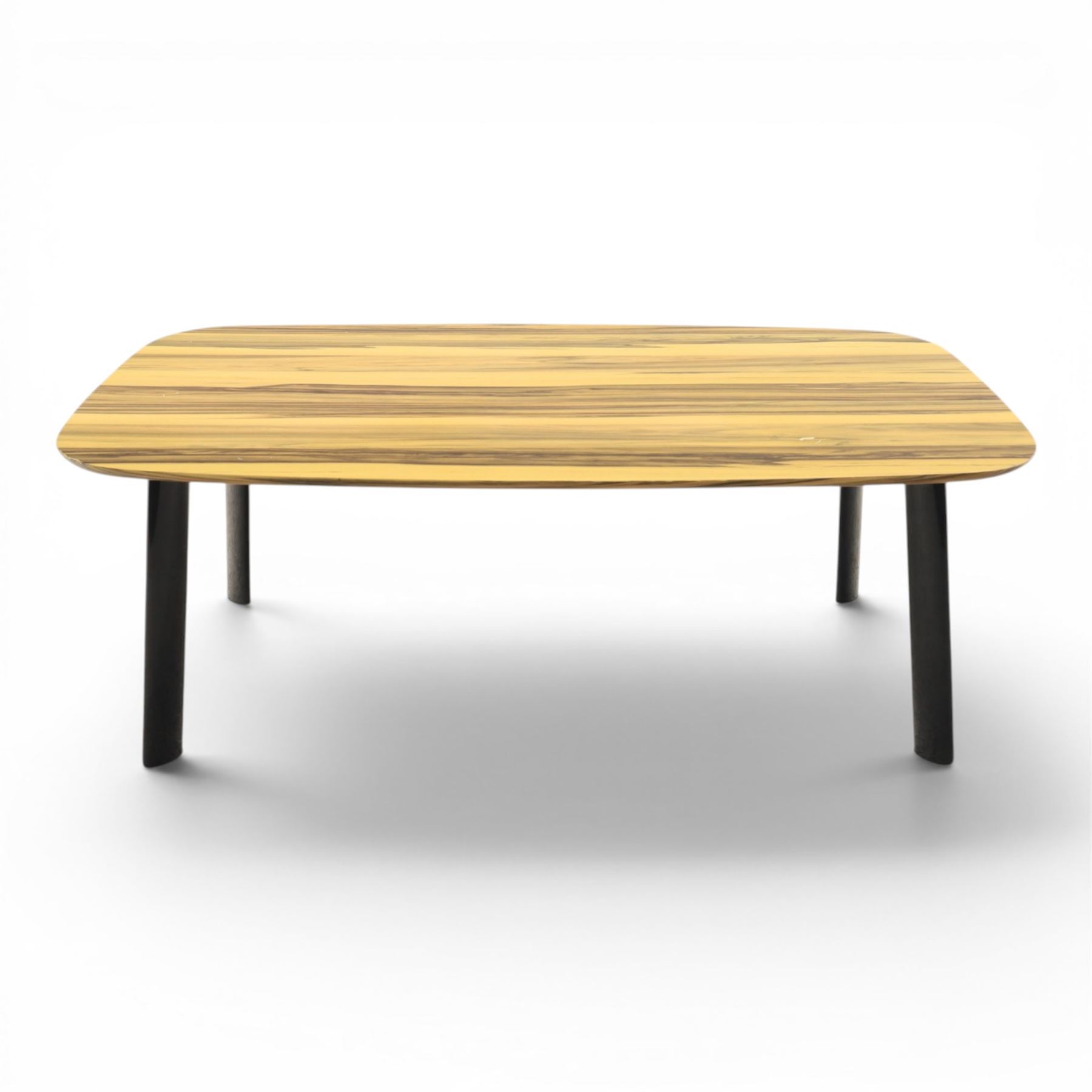 Contemporary zebrawood effect coffee table, rounded rectangular top raised on a gloss black metal frame