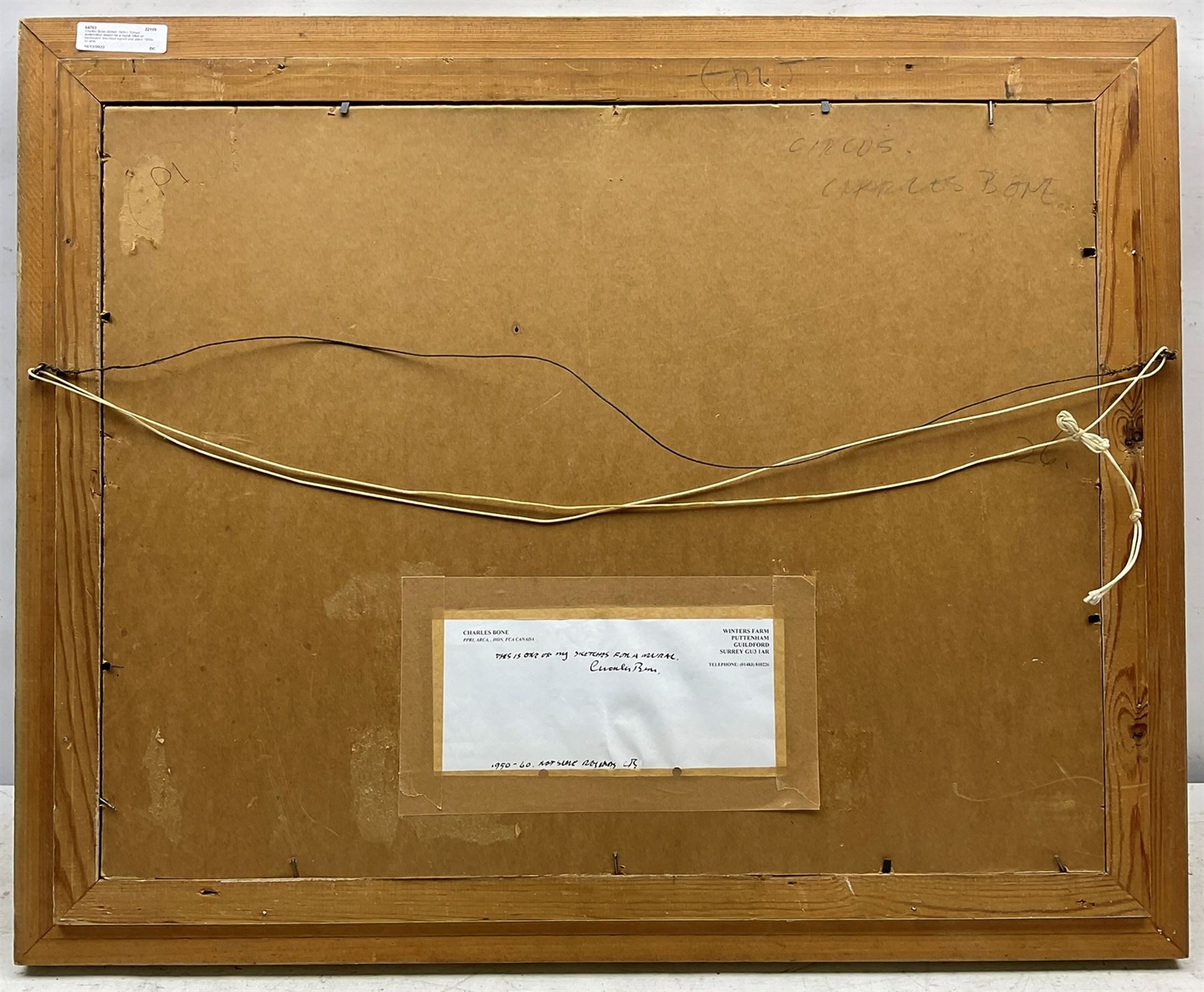 Charles Bone (British 1926-): 'Circus', watercolour sketch for a mural, titled on backboard, inscribed signed and dated 1950s on artist's Guildford address label verso 36cm x 49.5cm
Notes: Studied at Farnham College of Art and the Royal College of Art. Lecturer at Brighton University. Former Director of the Royal Institute Gallery in Piccadilly and Governor of the Mall Galleries. Appointed Vice President and then President of the Royal Institute of Painters in Watercolours