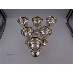 Set of six modern silver wine goblets, the bowls of plain cylindrical form with fluted rim, upon slightly waisted stem and stepped circular foot, hallmarked 	Frank Hawker Ltd, Birmingham 1973, H13.7cm