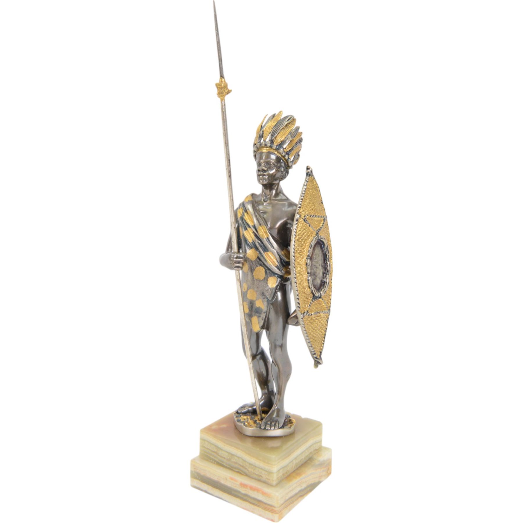 Italian limited edition silvered and gilt bronze figure of a Zulu warrior, with spear and shield, signed Giuseppe Vasari, no. 45/400,  upon an green stepped onyx base H25cm