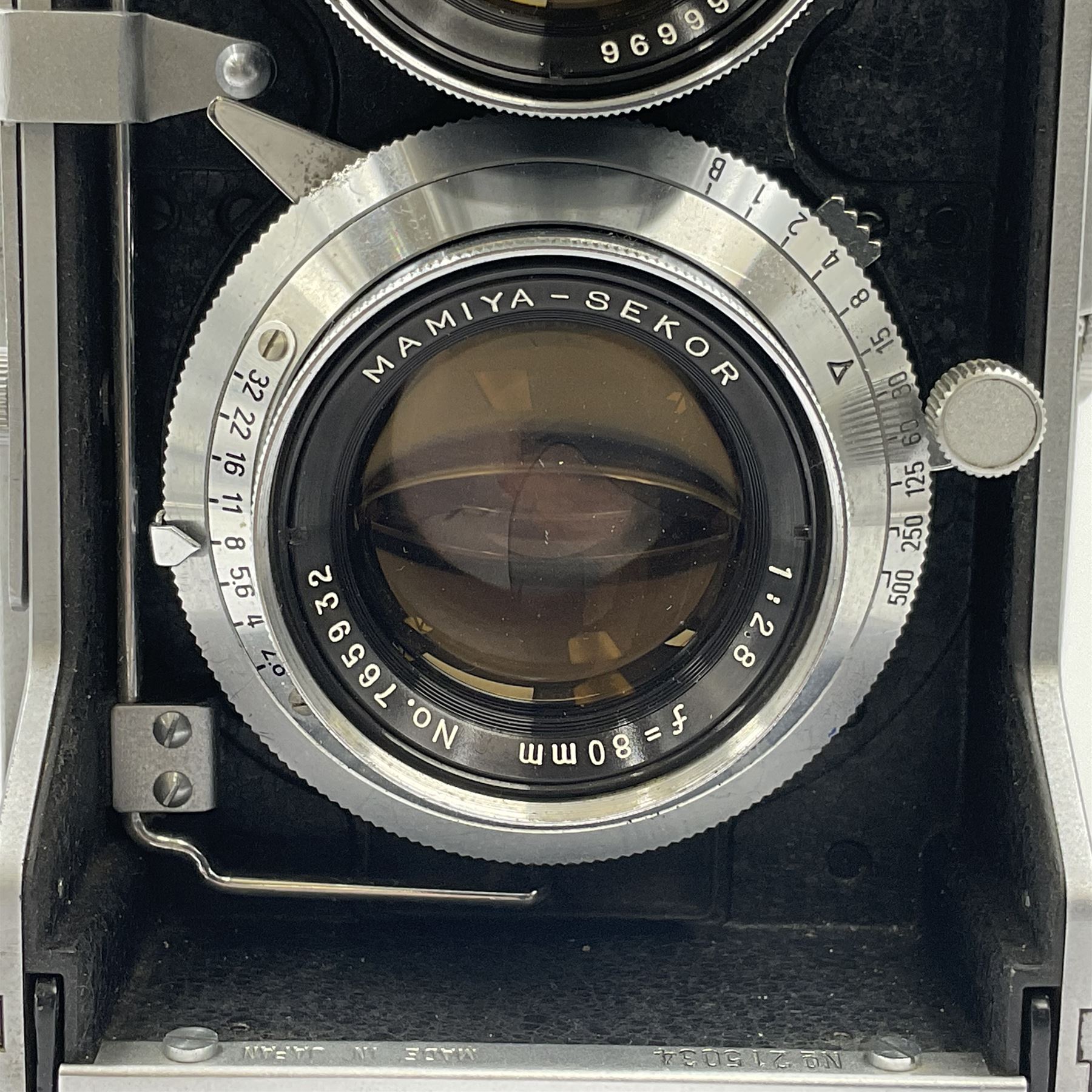 Mamiyaflex C3 TLR camera body, serial no. 215034, with 'Mamiya Sekor 1:2.8 f80mm' lens serial no. 765932