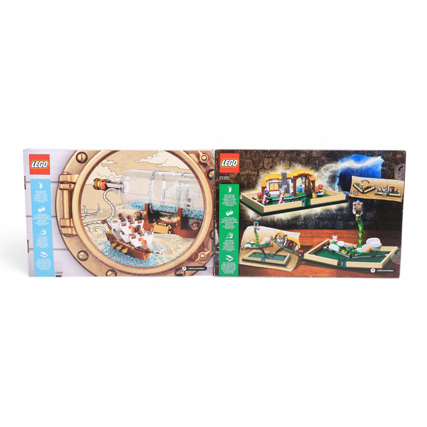 Two Lego Ideas sets, comprising Pop Up Book no. 21315 and Ship in a Bottle no. 21313, both boxes