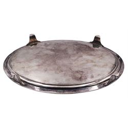 George IV silver card waiter or tray, of oval form with reeded rim and engraved monogram to centre, upon four splayed feet, hallmarked John Mewburn, London 1822, W26cm, approximate weight 15.74 ozt (489.4 grams)