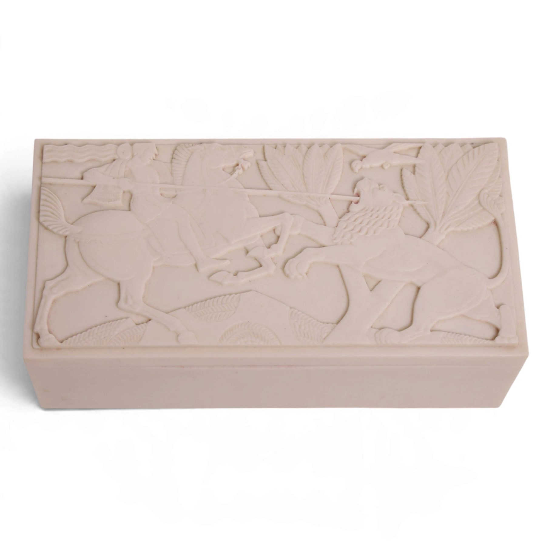 ELO Ware - Art Deco white Bakelite cigarette box, circa 1930's, the hinged lid decorated in low relief with mounted Horseback soldier spearing a lion, H6cm, L17cm