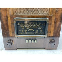 1930s Marconi model 296 valve radio, with Bakelite knobs and trim and 'M' over speaker fret, H40cm W46cm D27cm, together with 1930s Ferguson 702 valve radio with Bakelite knobs, H47cm