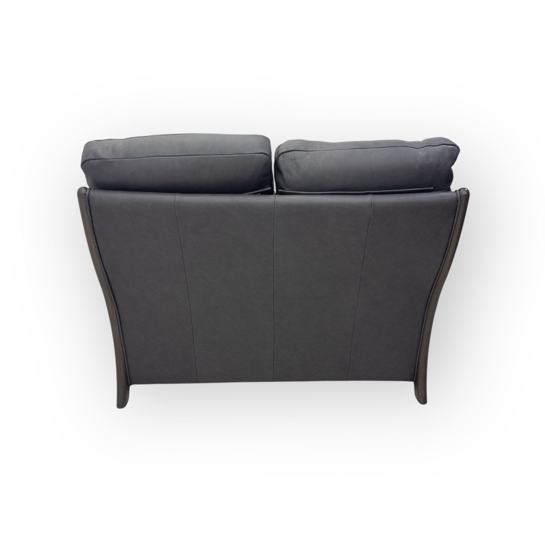 Rogers of York - two seat sofa, upholstered in grey leather with padded back and seat cushions, raised on stained beech supports
