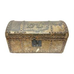 19th century pony skin dome top trunk with metal studded detail, the inside paper label inscribed 'Arabella Brown Trunk, Cheft, Box Maker & Undertaker', H25cm, L46cm 