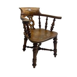 19th century smoker's bow chair, shaped cresting rail over tub back with turned spindle supports and club pierced splat, saddle seat over octagonal turned supports united by X-stretcher