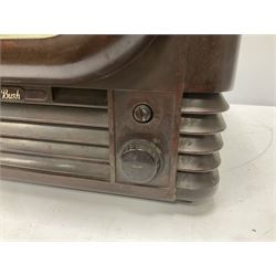 1950s Bush Type TV22 Bakelite Television receiver, the TV cased in marbled brown Bakelite of stepped form, the 9 inch screen with white mask, with original leather cover casing to reverse, H39cm D34cm W38cm