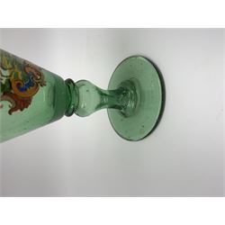 19th century bohemian green glass wine glass, the funnel bowl decorated in enamells with a Historismus hunting scene in the manner of Egermann & Lobmeyr, upon a baluster stem and circular foot, H14.5cm
