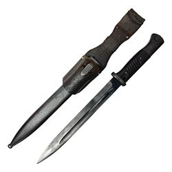 WWII German K98 Mauser bayonet by E. & F. Horster, the 24.5cm fullered blade marked 43aSW for 1943, numerous inspection marks to blade and pommel, bakelite grips and bluing to metal parts; in steel scabbard with corresponding numbers and leather frog L42cm overall