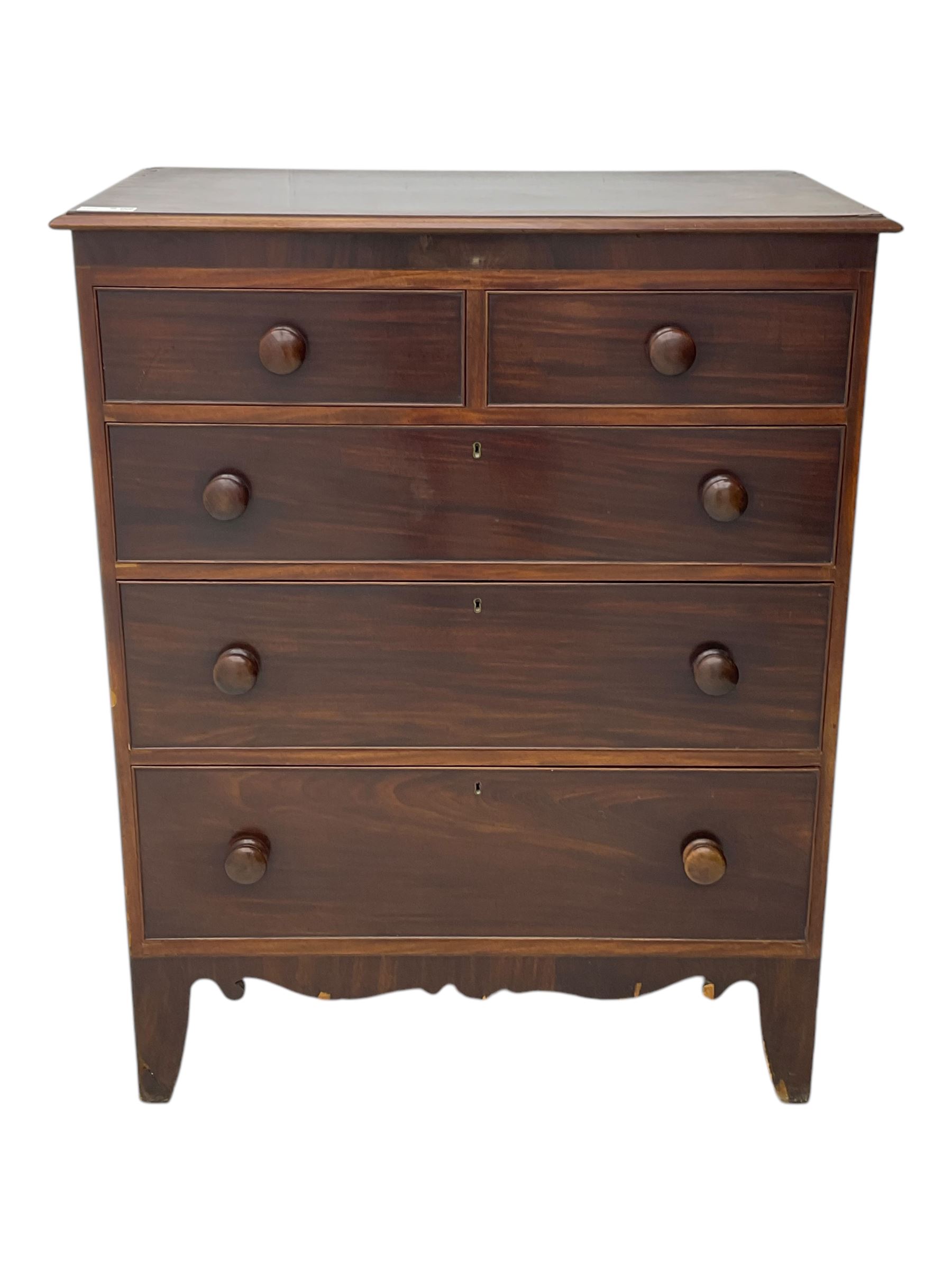 Victorian mahogany chest, rectangular top with moulded edge over two short and three long cockbeaded graduated drawers, on shaped bracket feet