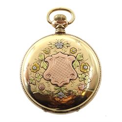 American gold-plated full hunter, 21 jewels keyless pocket watch by Hampden Watch Co, No. 1406468, the movement signed 'North American Railway', white enamel dial with Arabic numerals and subsidiary seconds dial, the case front decorated with applied cartouche and coloured flowers, the reverse depicting a stag within a floral wreath