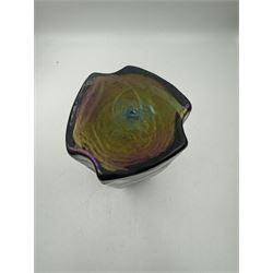 Austrian Art Nouveau Pallme-Konig vase, the tapering triangluar iridescent black glass body with irregular matt thread decoration, H26cm