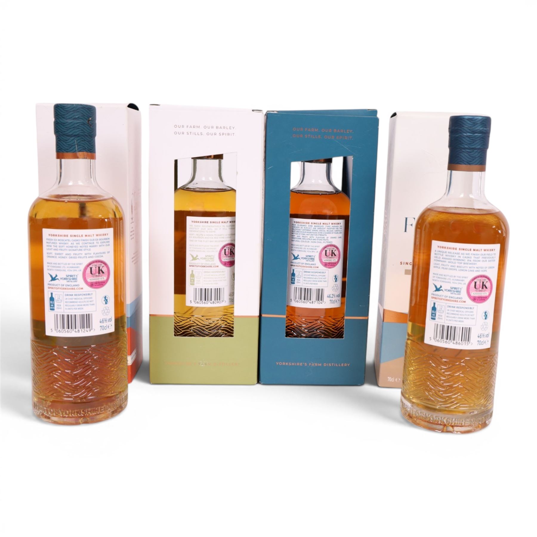 Sprit of Yorkshire Distillery, Filey Bay IPA Finish Bath #1 single malt whisky, 70cl 46% vol, Orange Wine Barrique single malt whisky, 70cl 46.2% vol, Moscatel Finish Batch #4 single malt whisky, 70cl 46% vol and Nurture single malt whisky, 70cl 46.5% vol