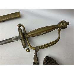 19th century English courtsword, the 78.5cm decorative oval section steel blade marked Boulter, Hepburn & Watts 28 George St. Hanover Sqe. W, brass hilt with shell guard, beaded knucklebow and grip and urn shaped pommel with gold bullion knot; in brass and leather scabbard L95cm overall