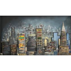 Dennis Clegg (Scottish 1929-): 'New York Skyline', illuminated oil on 3-D wooden construction with perspex and paper signed and dated 1963/2000 (the latter date refers to when the artist restored it) 155cm x 250cm overall
Provenance: commissioned by Lanarkshire entrepreneur John Kane in 1963 from the artist who had graduated at Manchester School of Art in 1960 and went on to work as an interior designer for the next 35 years painting in his spare time.