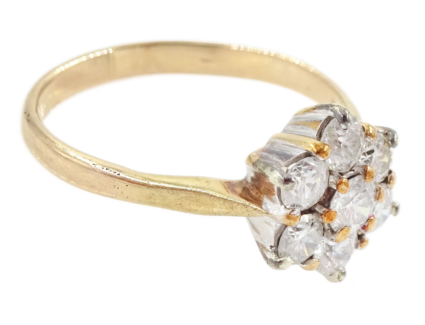 9ct rose gold seven stone round brilliant cut diamond, flower head cluster ring, total diamond weight approx 1.05 carat