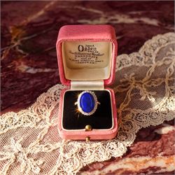Early - mid 20th century 18ct gold and platinum lapis lazuli and diamond cluster ring, ova...