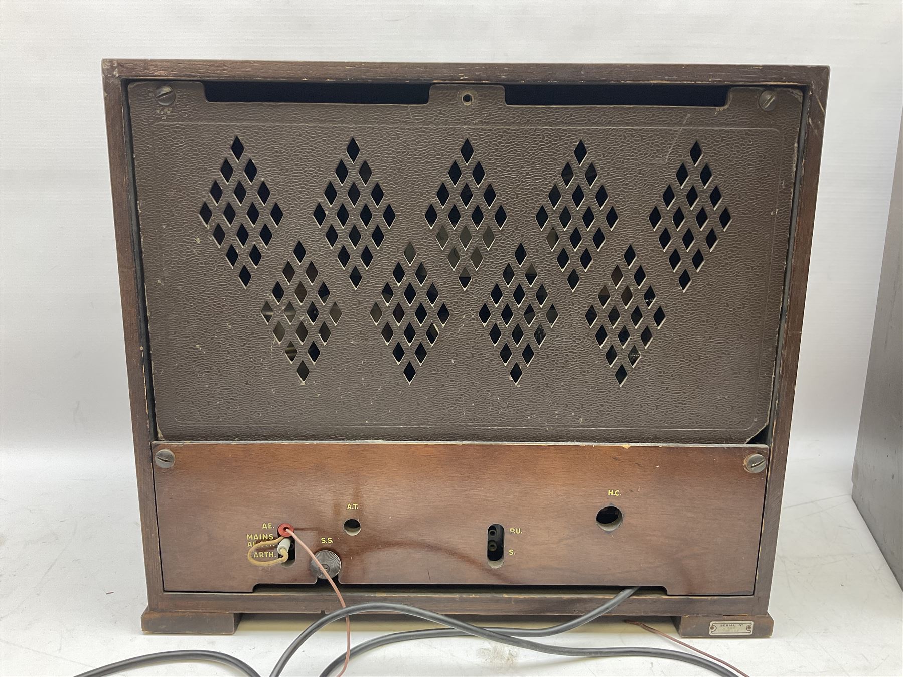 1930s Marconi model 296 valve radio, with Bakelite knobs and trim and 'M' over speaker fret, H40cm W46cm D27cm, together with 1930s Ferguson 702 valve radio with Bakelite knobs, H47cm