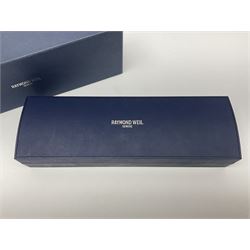 Raymond Weil ladies 'Othello' wristwatch, the rectangular 18ct gold plated case with blue enamel dial, on a Raymond Veil navy blue crocodile leather strap, in original box