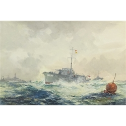  Frank Henry Mason (Staithes Group 1875-1965): 'Royal Navy ML49 on patrol off Coquet Island Lighthouse', watercolour and gouache signed and dated 1916, 24cm x 36cm Notes: ML49 was involved in the sinking of German U-Boat UB110 off the North East Coast 19th July 1918 with HMS Garry & ML263, she was finally sunk North East of Saltburn Pier off the Yorkshire Coast Provenance: with N R Omell, Duke Street, St James's London, label verso  DDS - Artist's resale rights may apply to this lot  