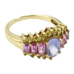 9ct gold blue, pink and yellow sapphire dress ring, hallmarked