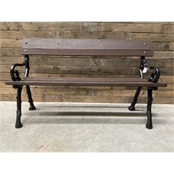 20th century tree cast iron and timber slatted garden bench, black painted frame with stained wood