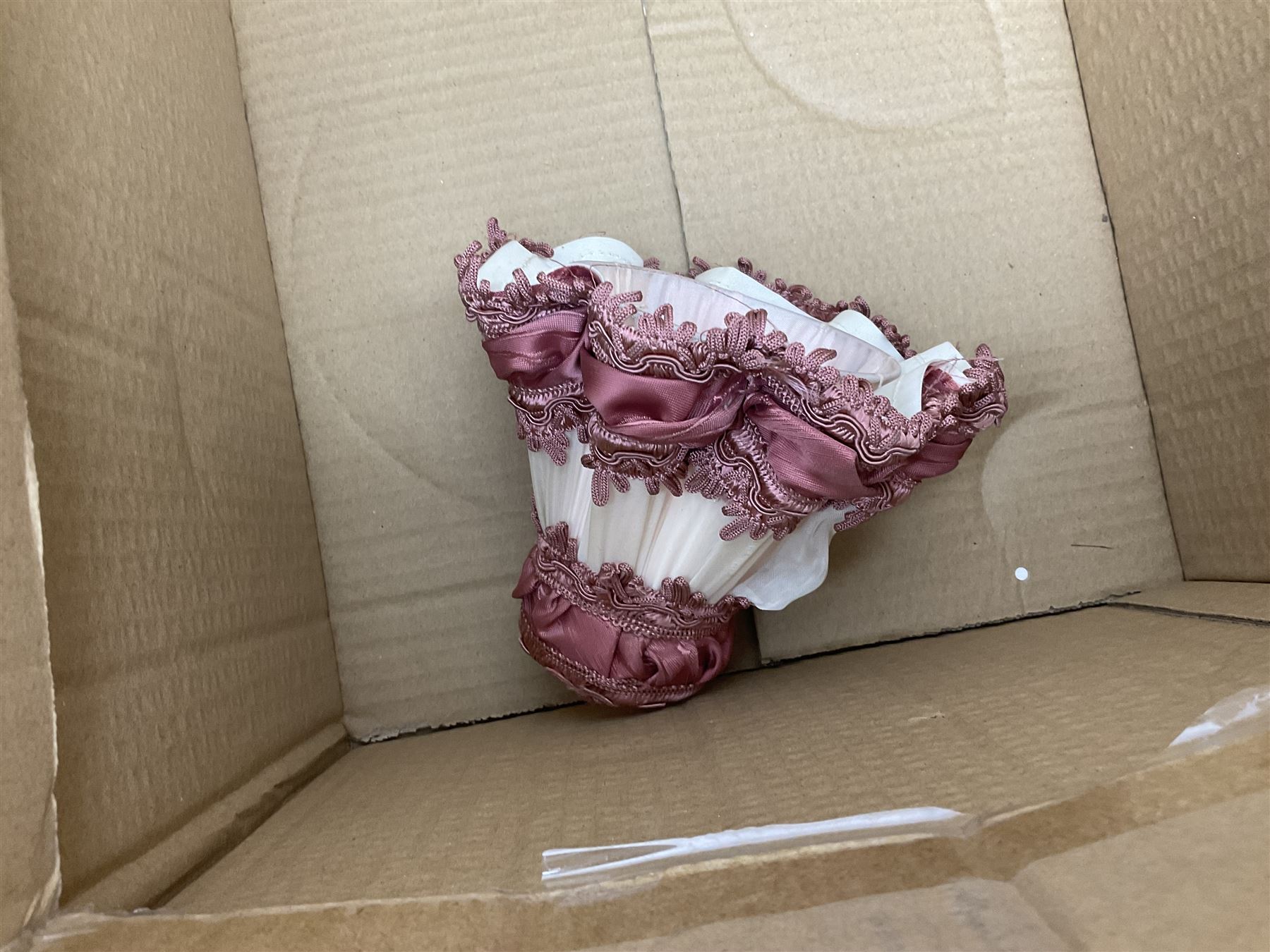 French Adrian helmet and cow horn gong stand; and quantity of lamp shades, etc, helmet H47cm