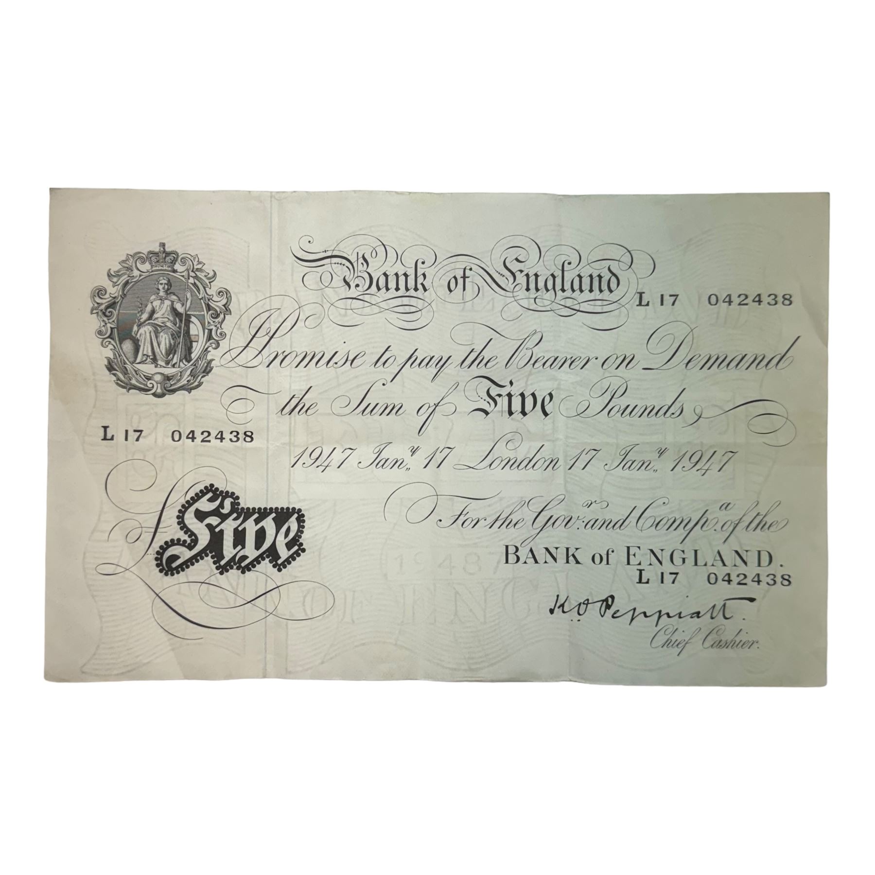 Bank of England Peppiatt white five pound note 'L17' London 17th January 1947