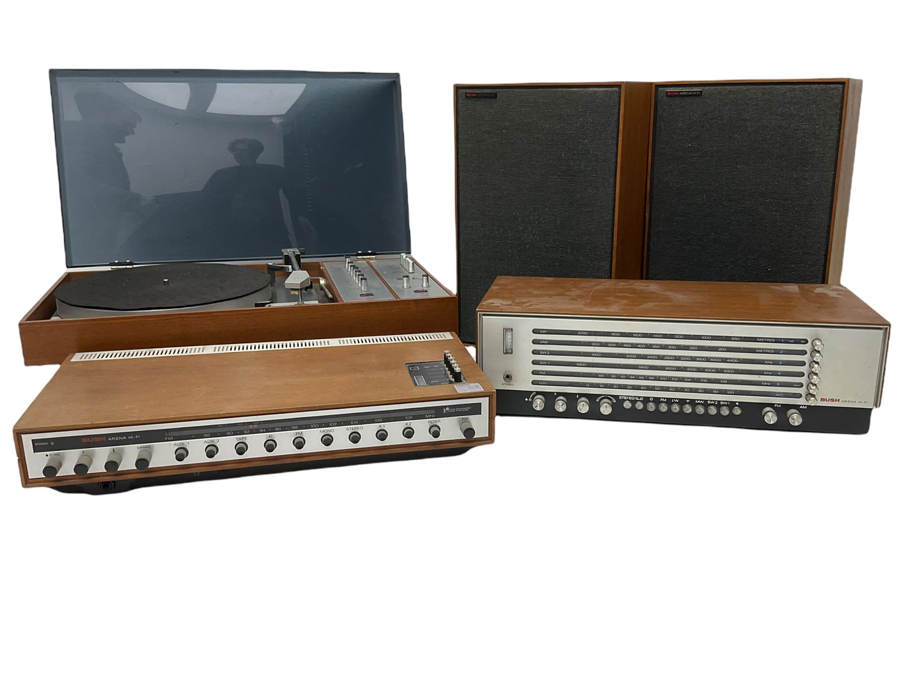 BUSH 'Arena' stereo system, in teak casing - two speakers, radio receiver TA2800, tuner amp TA2700, turntable with amp and tuner RTA 2000 - all untested