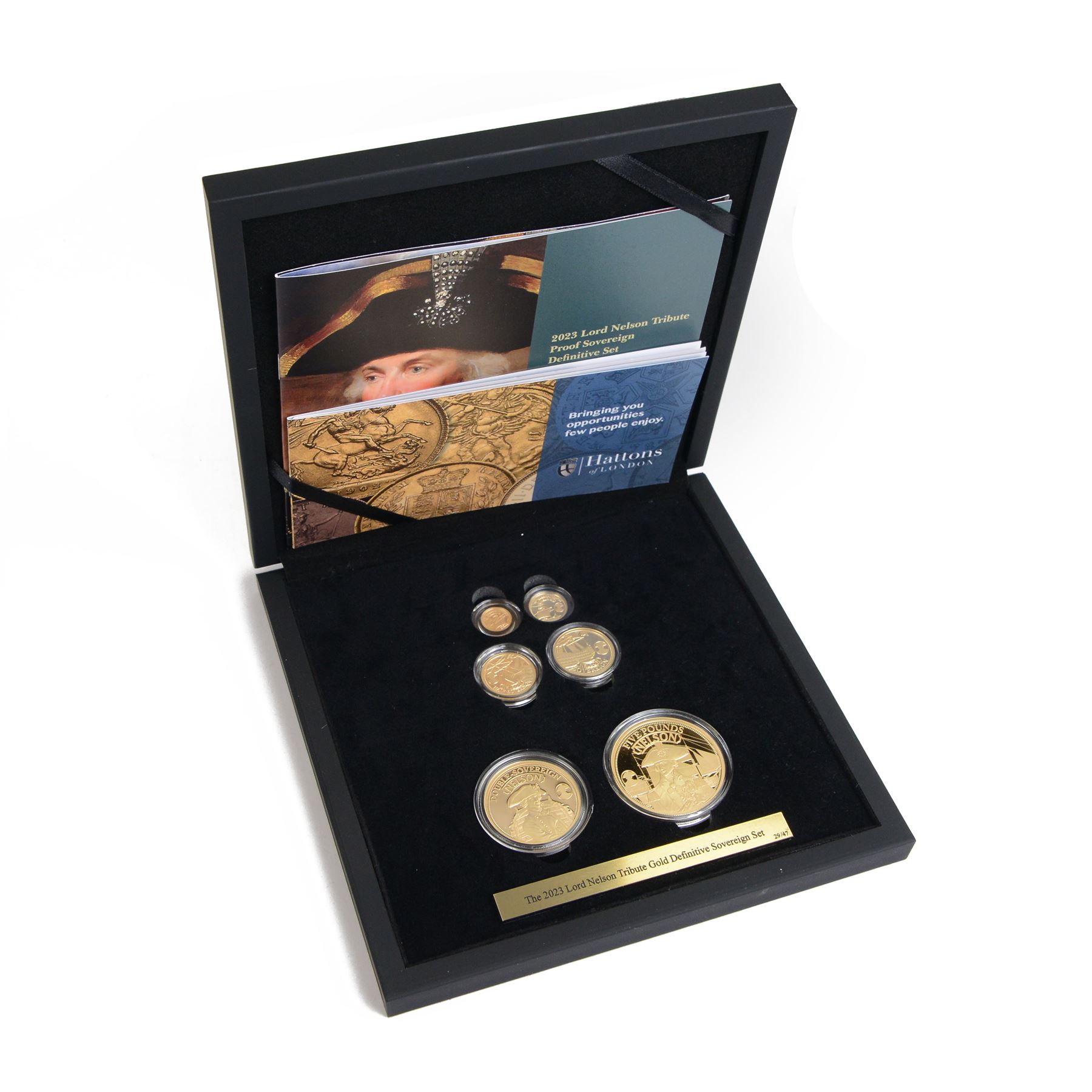 King Charles III Tristan da Cunha 2023 'Lord Nelson Tribute Proof Sovereign Definitive Set', comprising gold five pound to one eighth sovereign coins, in Hattons of London case