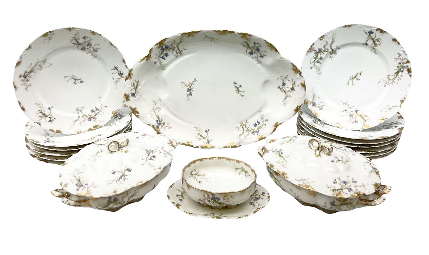 French Haviland Limoges part dinner service, decorated with floral sprays and gilding, to include two lidded tureens, thirteen plates, oval serving platter, etc, all stamped H & Co Made in France for James Green & Nephew (17) 