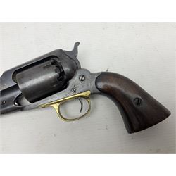 Unmarked Spencer & Rogers type Remington style .44 cal. six-shot percussion revolver, 20cm octagonal barrel with loading lever under, brass trigger guard and two-piece wooden grip L37cm overall; together with a framed watercolour by Alan J. Gray dated 2009 entitled 'The Remington .44 Calibre 1861 Navy Revolver'  19 x 42cm (2)